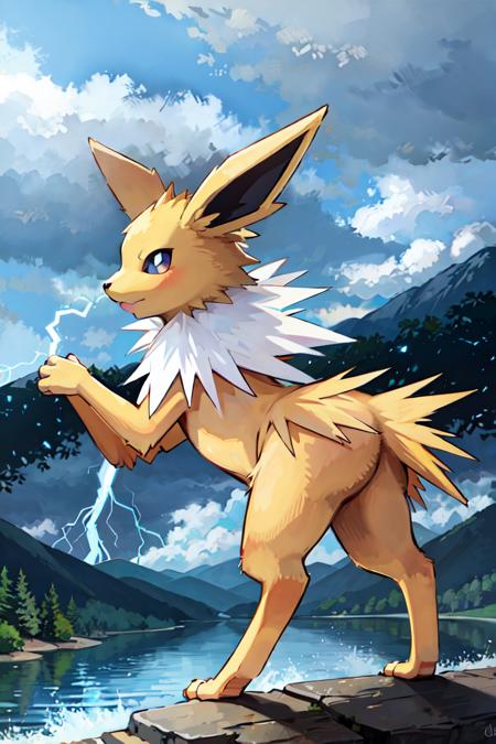 03096-3796090639-masterpiece,best_quality__Jolteon,  pokemon (creature),__,JOLTEON,__forest,mountain, lake, cloudy sky, (lightning), _.png